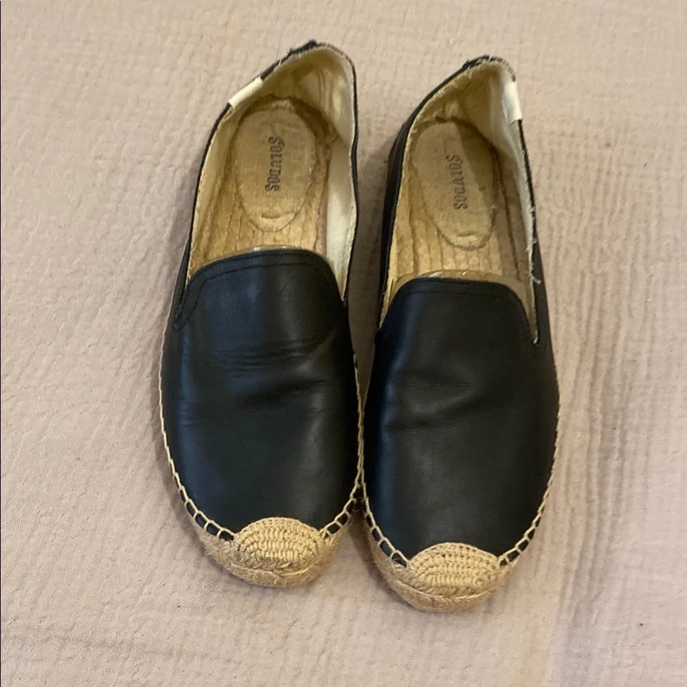 Soludos Classic Black Leather Espadrilles. Size 10